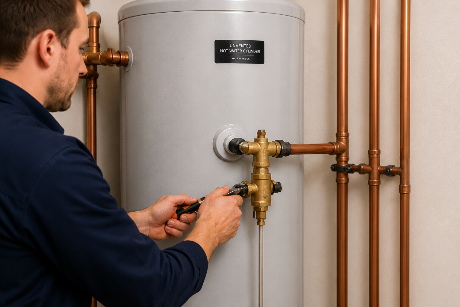 Engineer servicing an unvented hot water cylinder with pipework connections